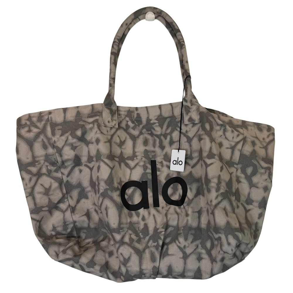 Alo Yoga Iconic Shopper Tote in Grey Tie-Dye Black Logo Oversized Cotton Canvas